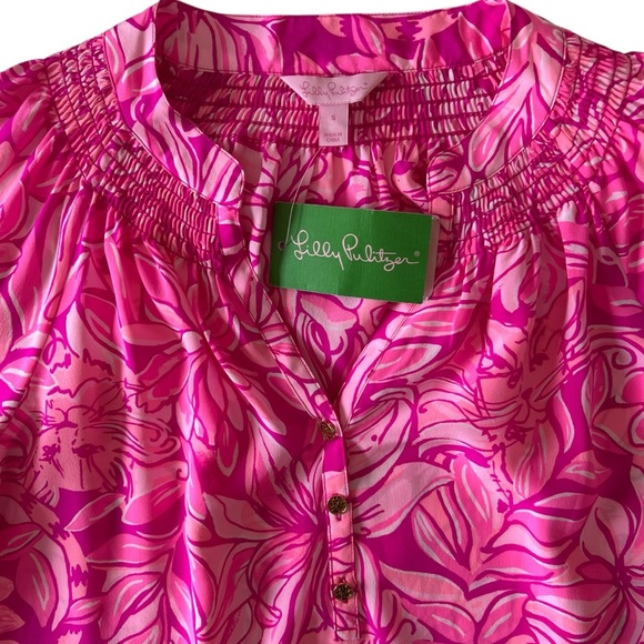 Lilly Pulitzer Elsa Top Pink Pawsitive Cattitude Floral Cats 100% Silk Blouse S - Picture 3 of 11